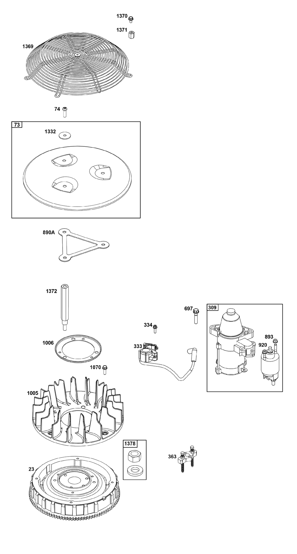 Flywheel, Ignition, And Starter Group Diagram and Parts List for 543477-3301-J1 400000 - 699999 Briggs and Stratton Engine